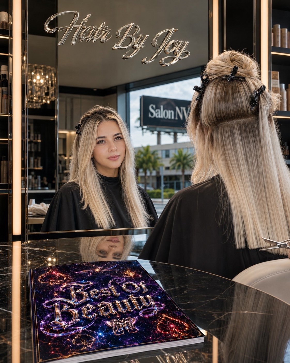 Hair By Joy client with dimensional platinum blonde hair at Salon NV