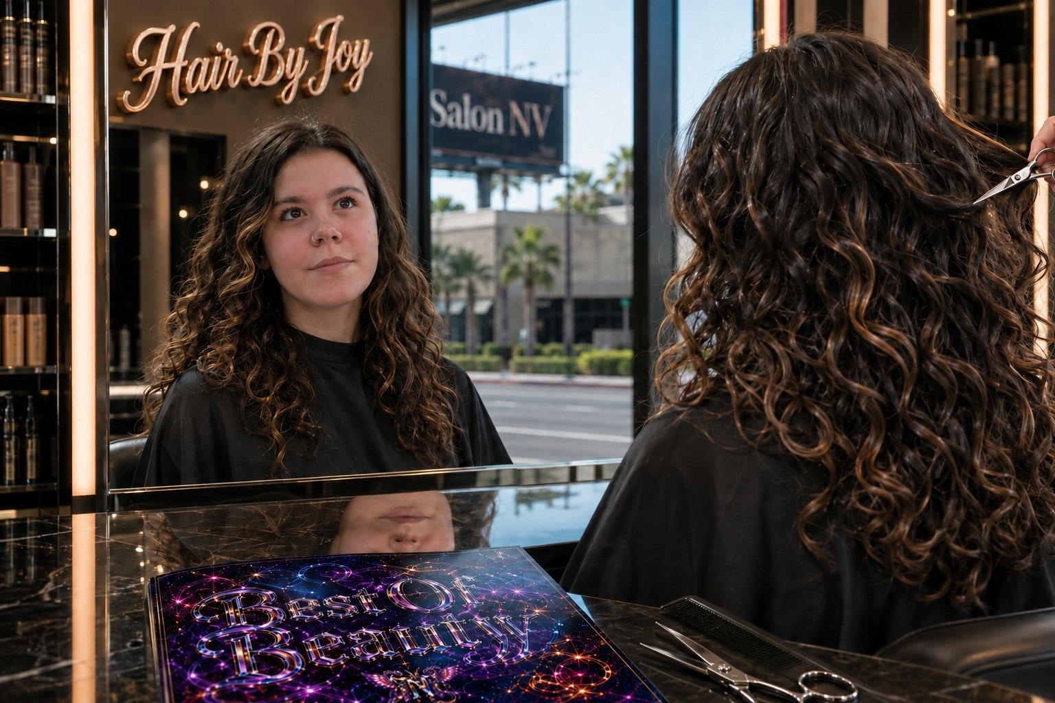 Hair By Joy client with long glossy defined curls at Salon NV