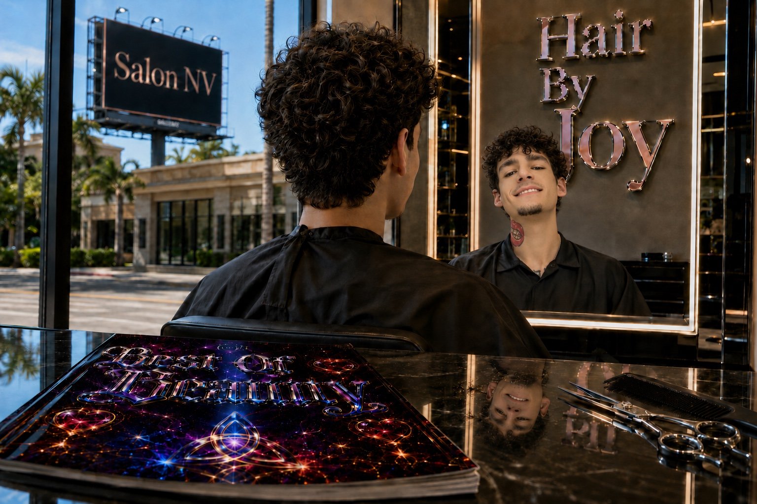 Hair By Joy client with short defined curls reflected in the Salon NV mirror